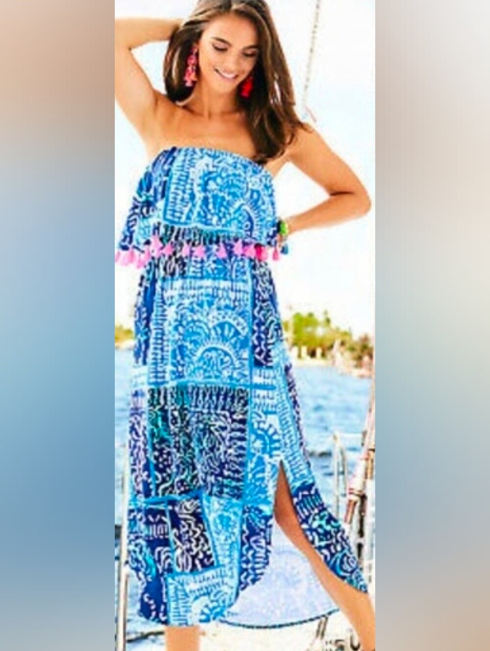 Lilly Pulitzer Meridian Strapless Tassel Midi Dress in Deep Indigo Leied print